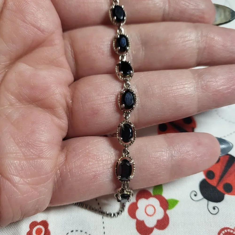 Natural Thai Black Spinel Sterling Silver Bolo Bracelet